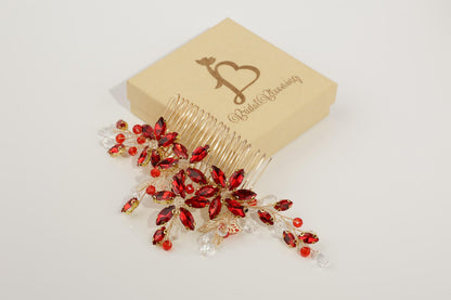 Red Crystal Floral Bridal Hair Comb, Gold Rhinestone Wedding Hairpiece