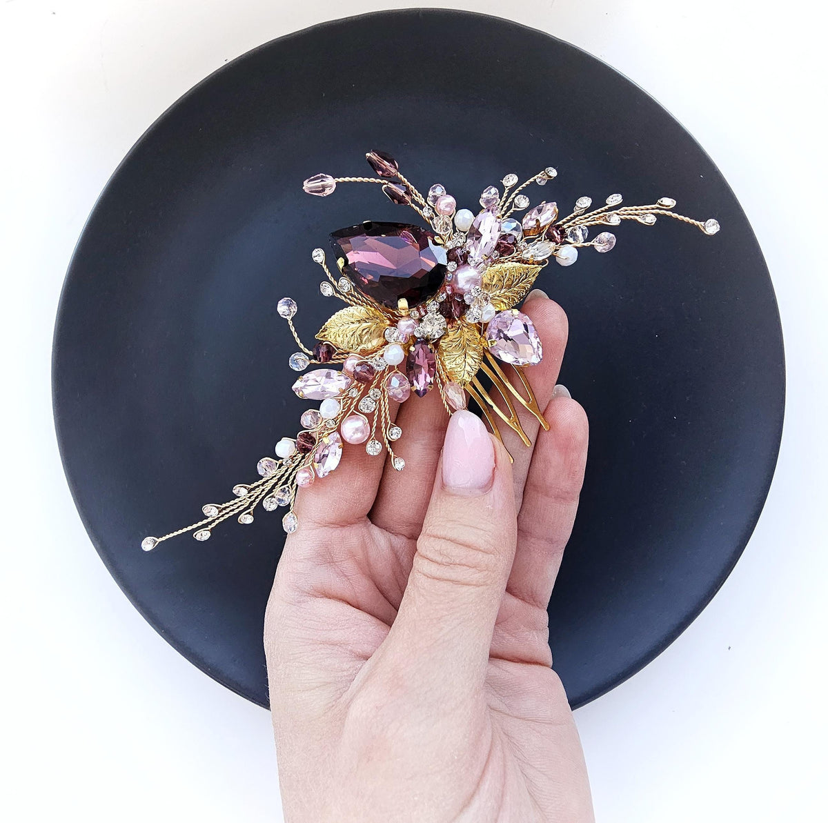 Burgundy Crystal Wedding Hair Comb, Gold & Pink Bridal Piece, 6 Inch