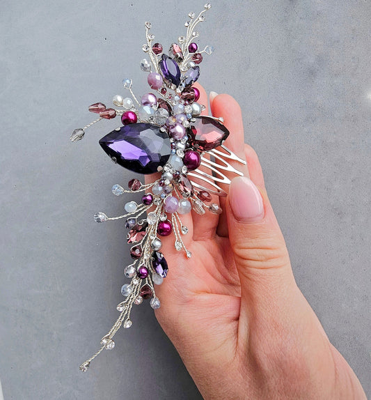 Burgundy Crystal Wedding Hair Comb, Purple Bridal Hair Piece, 6 Inch
