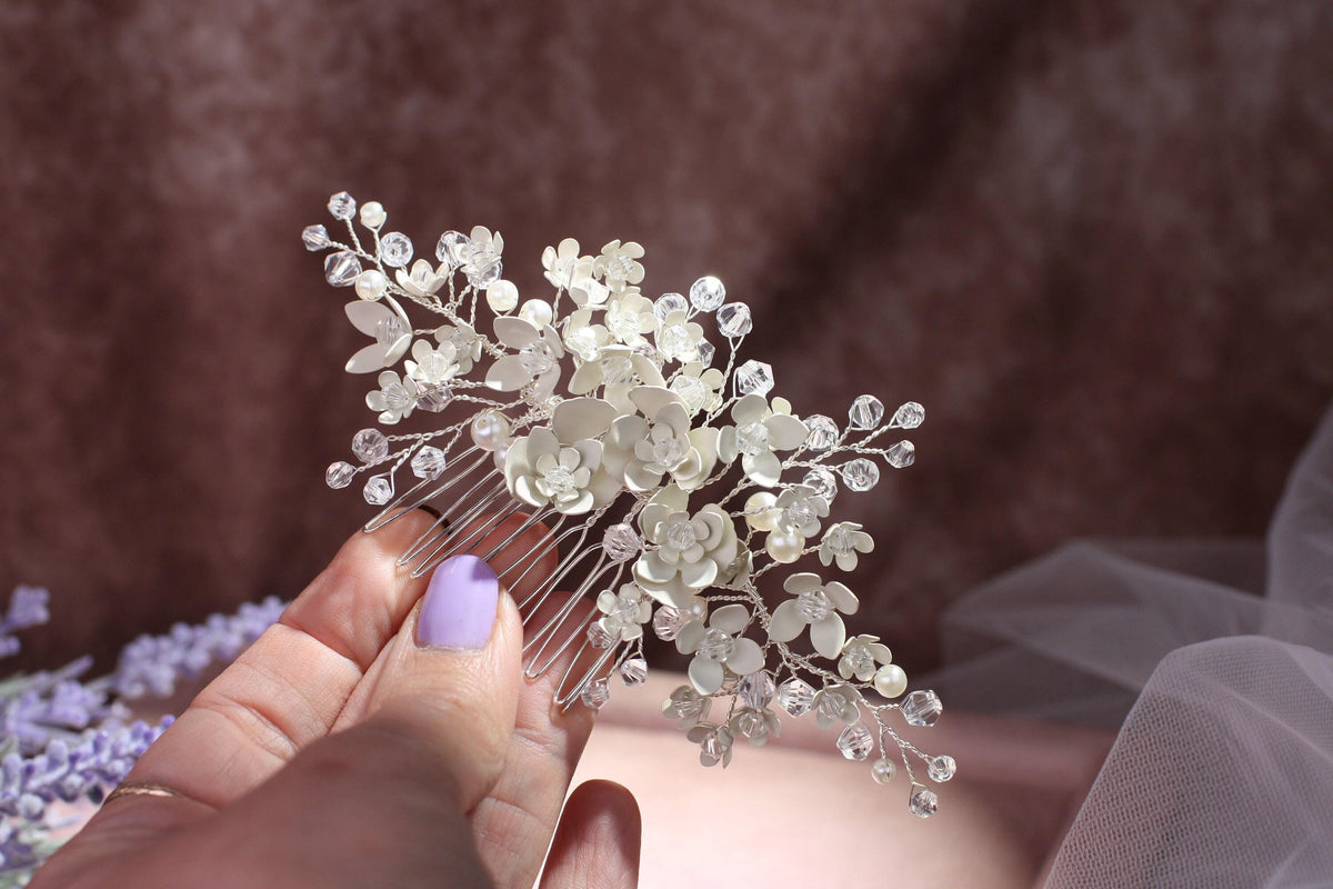 Silver Floral Wedding Hair Comb, Crystal Bridal Hairpiece