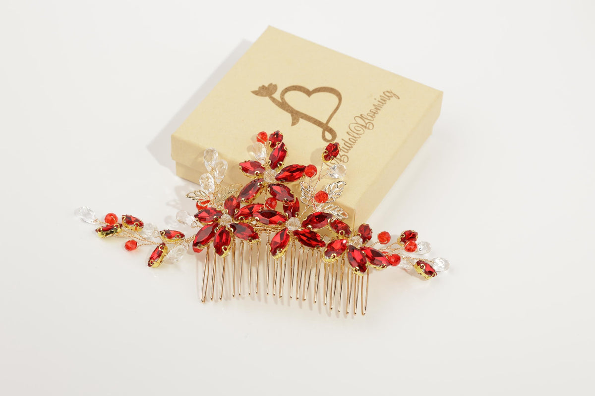 Red Crystal Floral Bridal Hair Comb, Gold Rhinestone Wedding Hairpiece