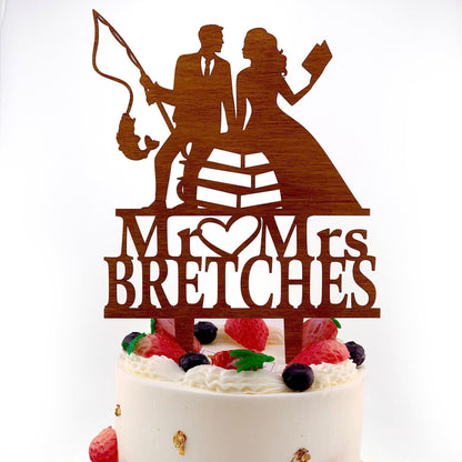 Fisherman and Bookworm Wedding Cake, Mr and Mrs Custom Wood Topper
