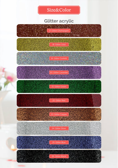 a collection of glitter acrylic paint colors, each with a corresponding number and description. The colors include 17 Glitter Champagne, 18 Glitter Gold, 19 Glitter Confection, 20 Glitter Lavender, 21 Glitter Green, 22 Glitter Red, 23 Glitter Copper, 24 Glitter Silver, 25 Glitter Silver, and 26 Glitter Black.
