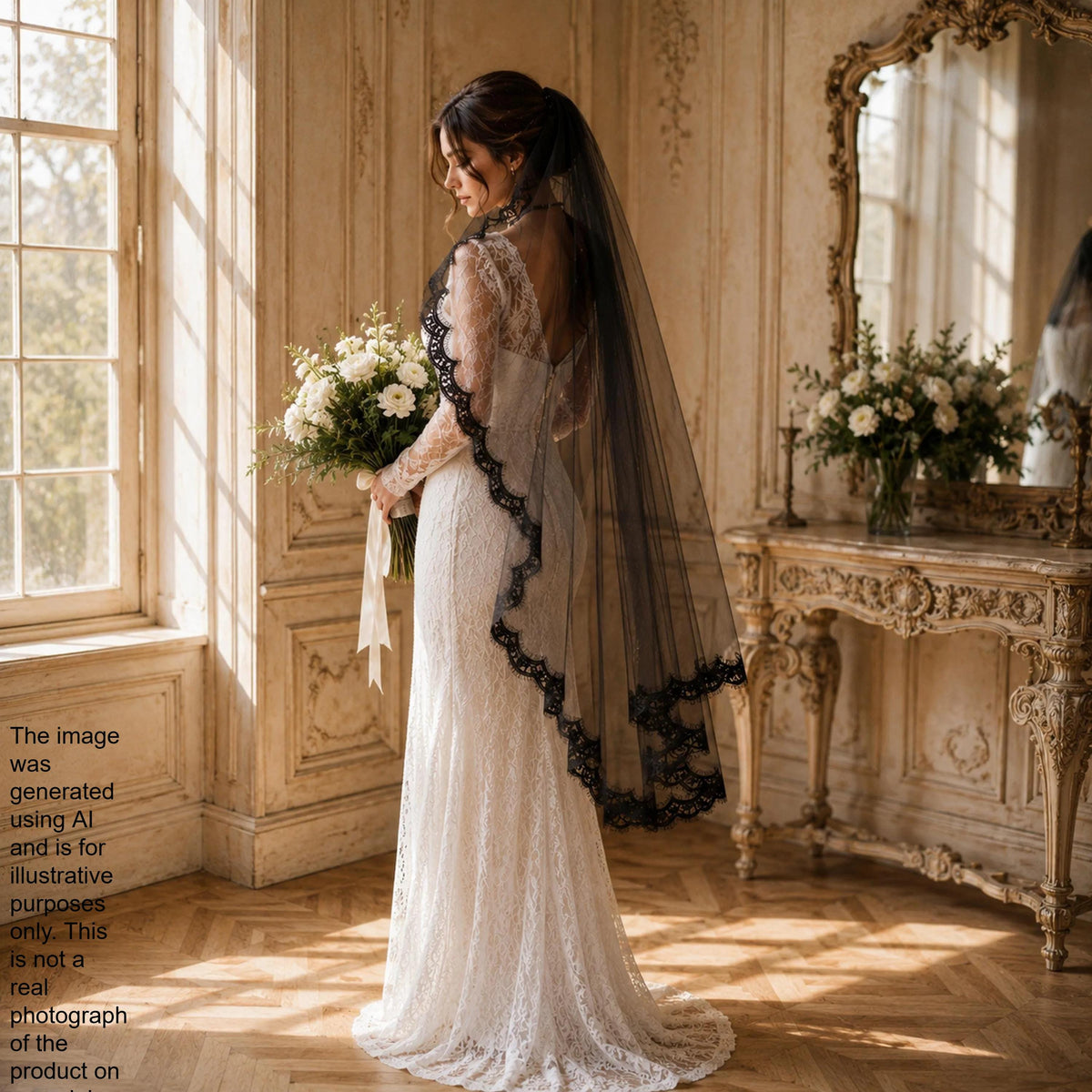A woman in a white lace wedding dress stands in a room with ornate decorations, holding a bouquet of flowers and wearing a black veil.
