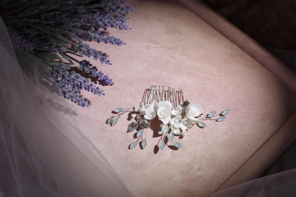 White Flower Bridal Comb, Silver Wedding Hair Accessory