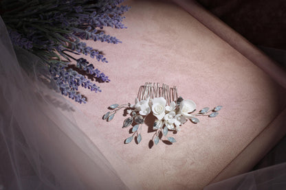 White Flower Bridal Comb, Silver Wedding Hair Accessory