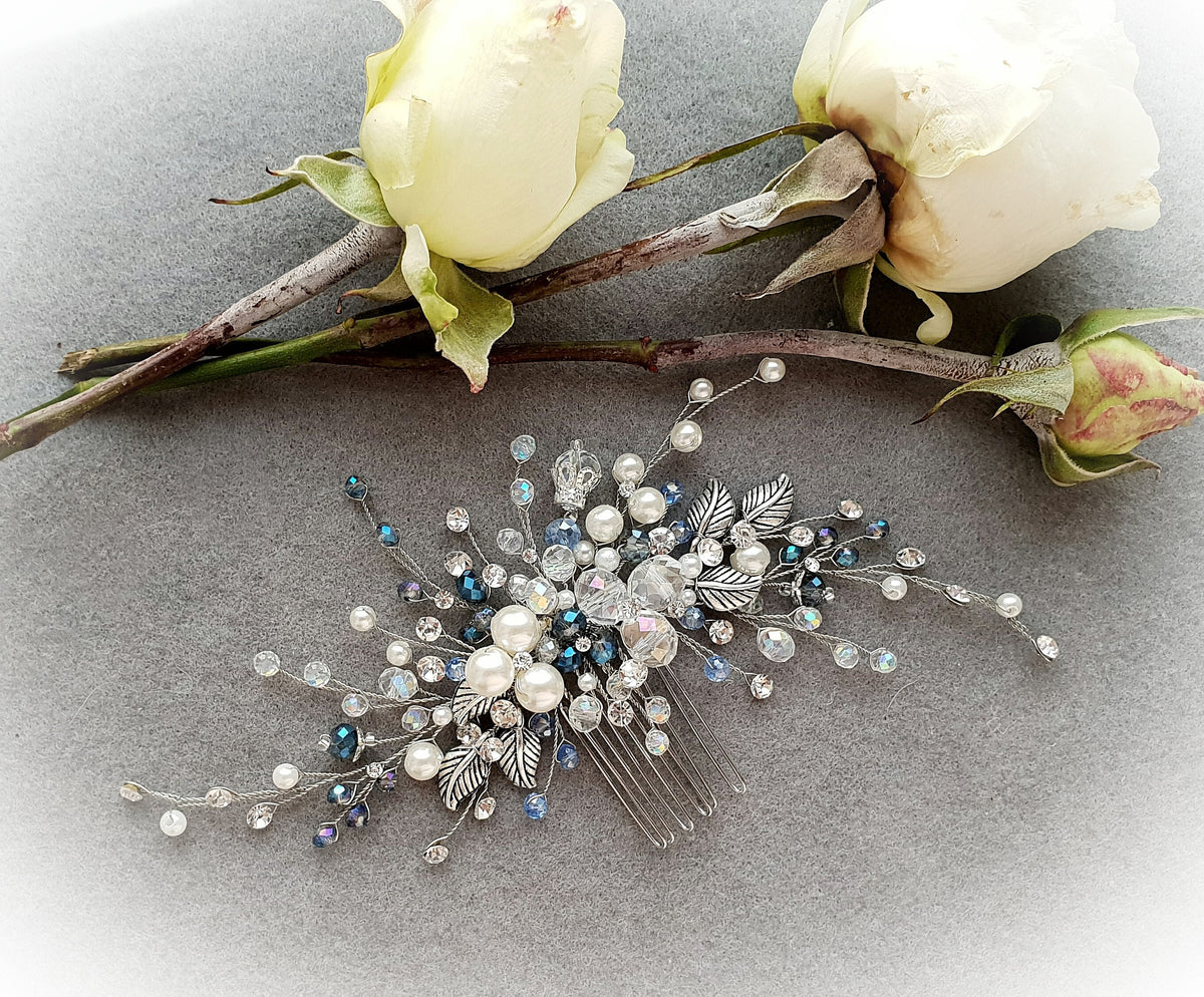 Handmade Crystal Bridal Hair Comb: Something Blue Wedding Accessory