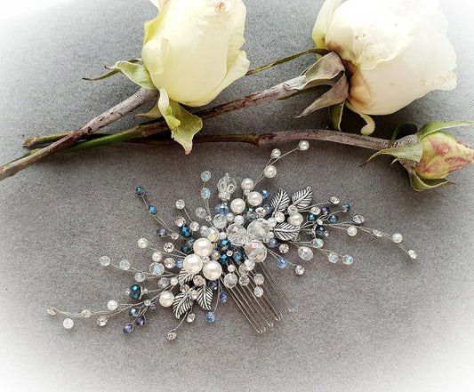 Handmade Crystal Bridal Hair Comb: Something Blue Wedding Accessory