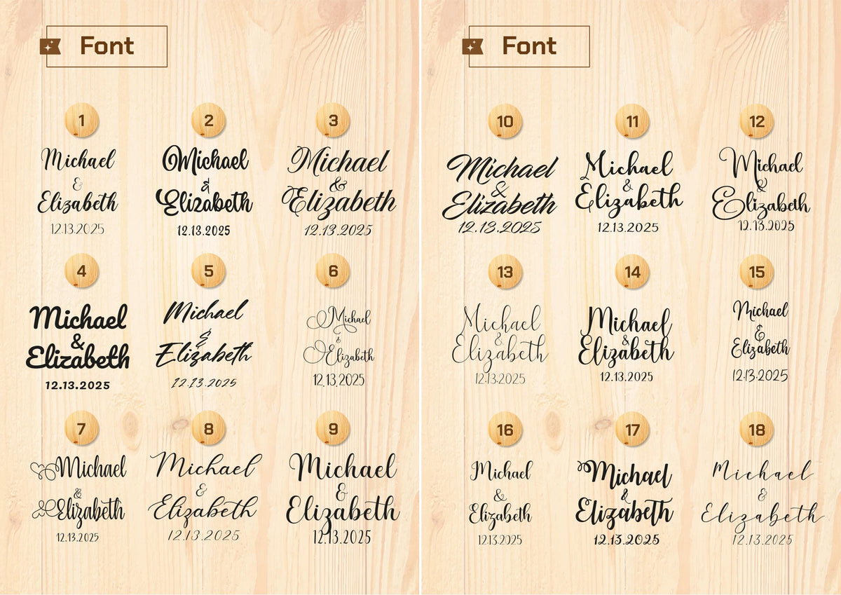 a wooden table with a number of names on it
