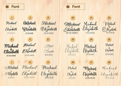 a wooden table with a number of names on it