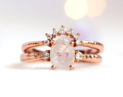 Rainbow Moonstone Engagement Ring Set: Rose Gold Plated Sterling Silver