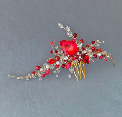 Red Crystal Wedding Hair Comb, Gold Bridal Hairpiece with Pearls, Bridesmaids Accessory