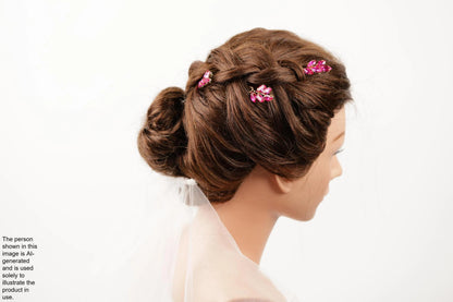 A mannequin head with a woman's hair styled in an intricate updo, adorned with small pink flowers.