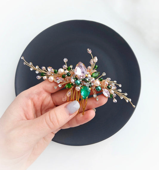 Gold Pink & Green Crystal Bridal Hair Comb, Wedding Hairpiece, 6 Inch