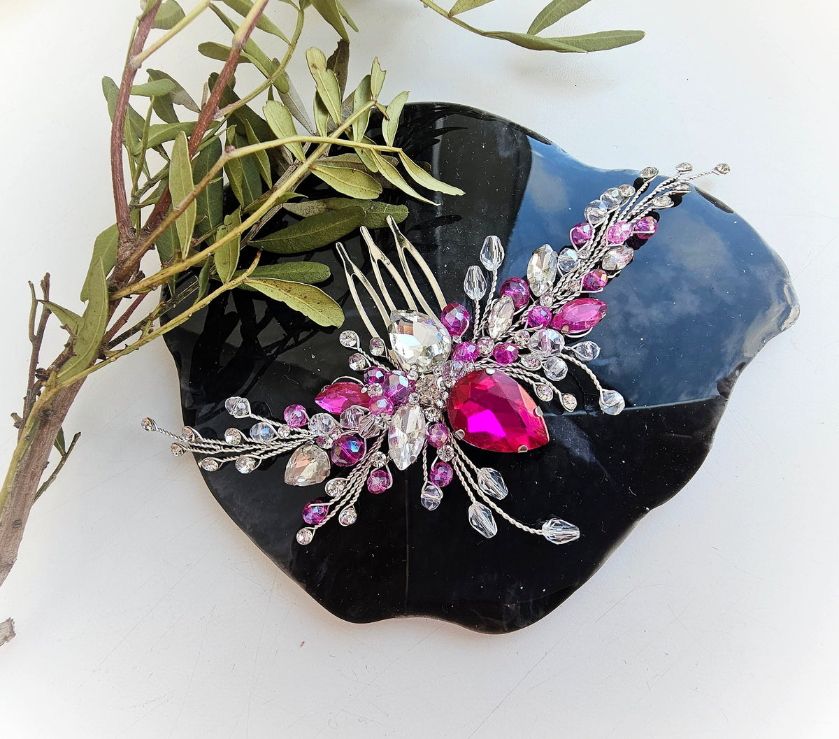 Fuchsia Crystal Wedding Hair Comb, Silver Bridal Hairpiece, 6 Inch