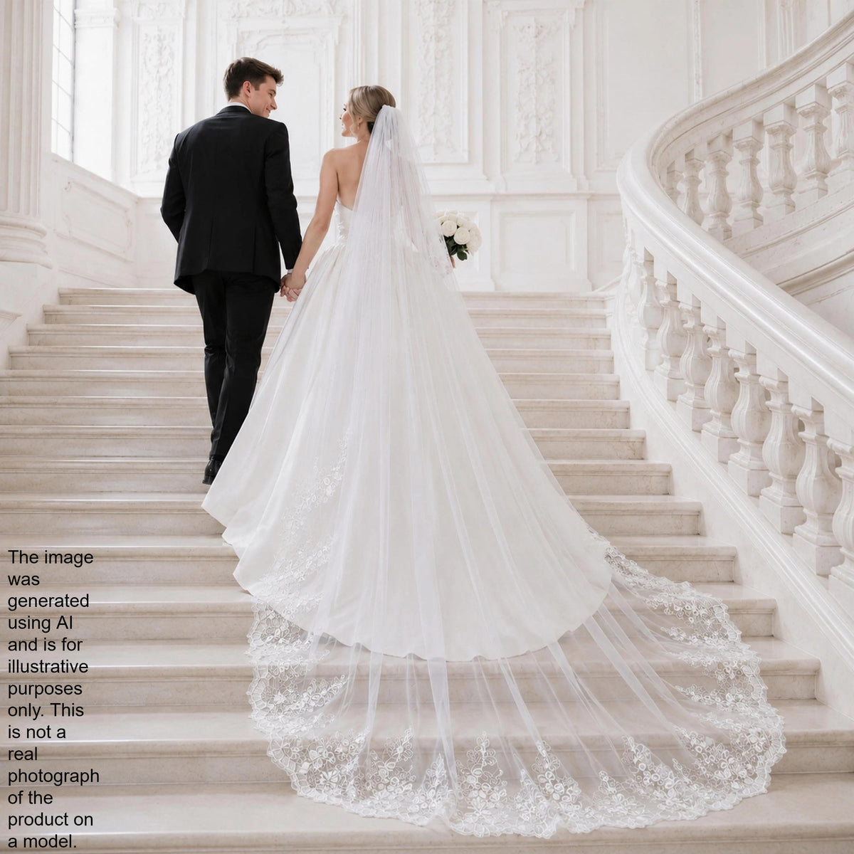 A bride and groom are walking down a staircase, with the bride wearing a long white wedding dress and veil, and the groom wearing a black suit.