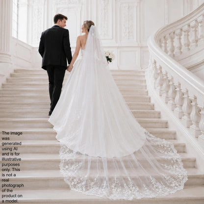 A bride and groom are walking down a staircase, with the bride wearing a long white wedding dress and veil, and the groom wearing a black suit.