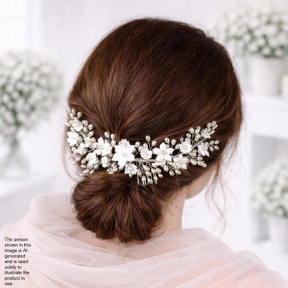 a woman's back view with her hair styled in a bun, adorned with a decorative hair accessory featuring white flowers.