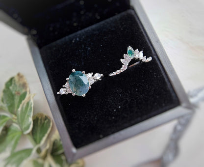 Moss Agate Engagement Ring Set: Sterling Silver Crown Tiara Wedding Band
