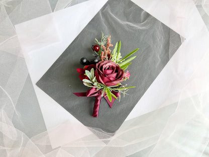 Wine Rose Grooms Boutonniere: Handmade Wedding Corsage