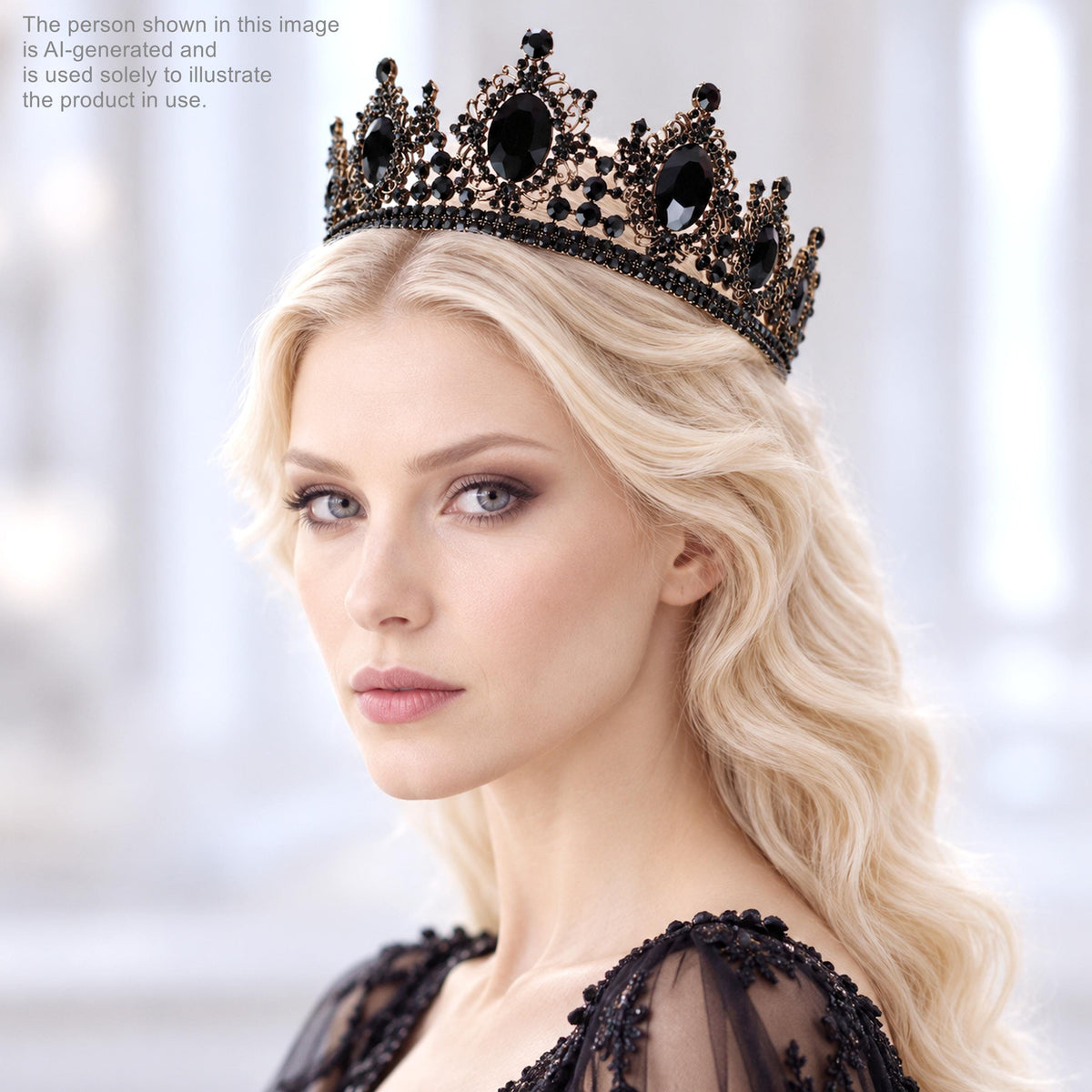 A woman with blonde hair wearing a black crown with black jewels, looking directly at the camera with a serious expression.
