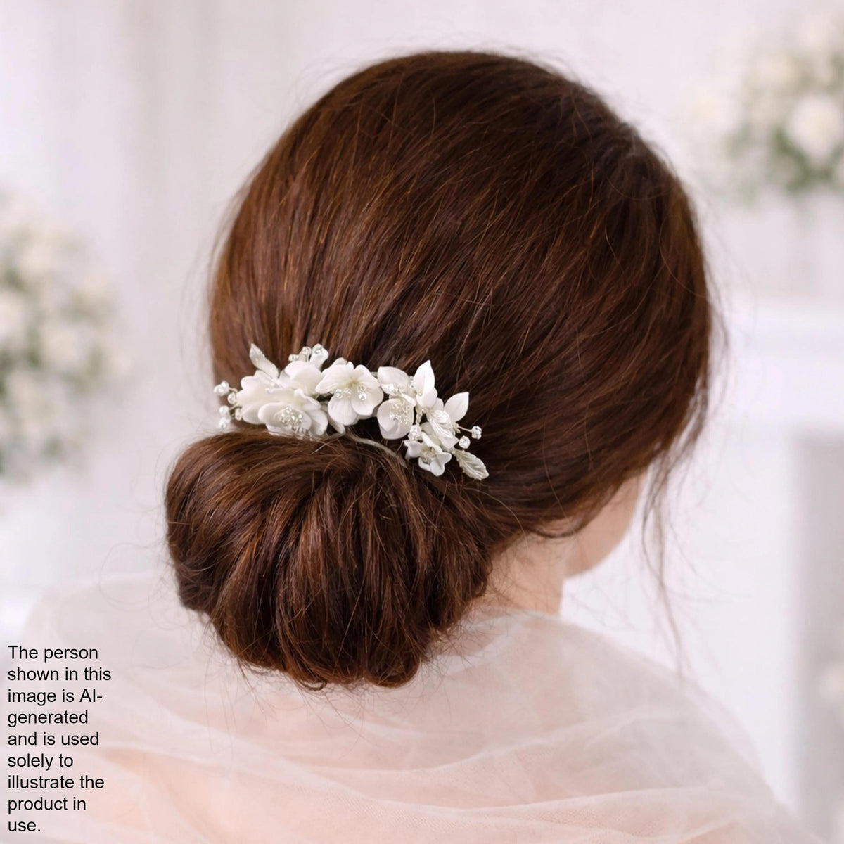 a woman's back view with her hair styled in a bun, adorned with a flower hair accessory.