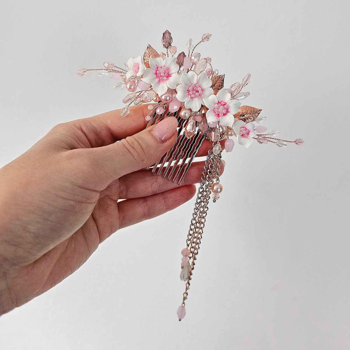 Rose Gold Cherry Blossom Hair Comb, Bridal Prom Accessory