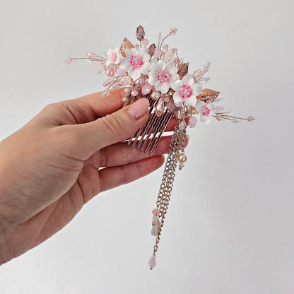 Rose Gold Cherry Blossom Hair Comb, Bridal Prom Accessory