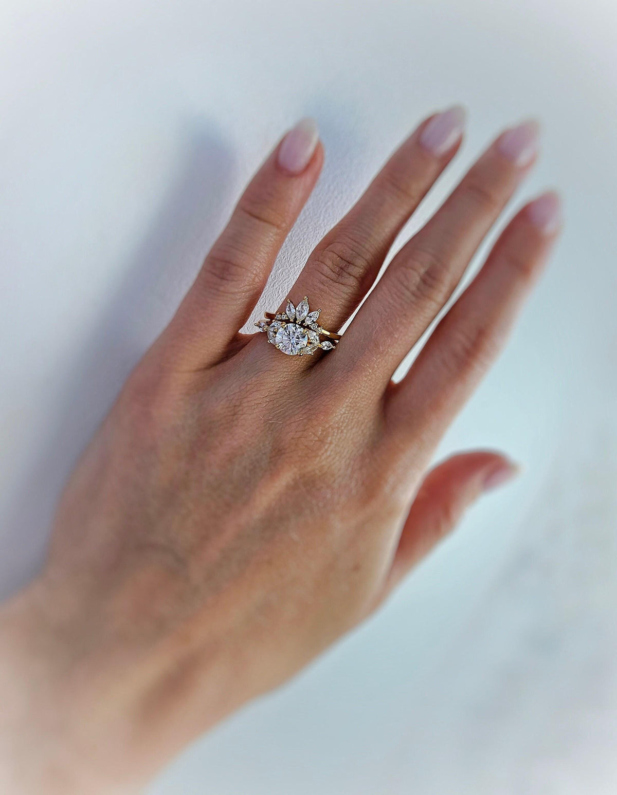 Moissanite Engagement Ring Set: Yellow Gold Plated Silver Wedding Crown
