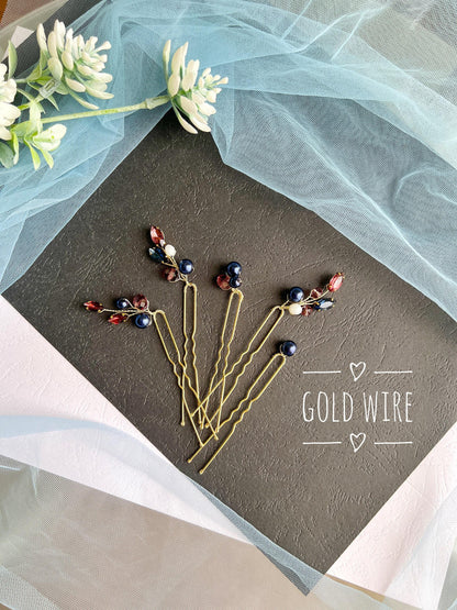 Wine Blue Crystal Pearl Wedding Hair Pins, Bridal Hairpiece Set, Elegant Updo Pins