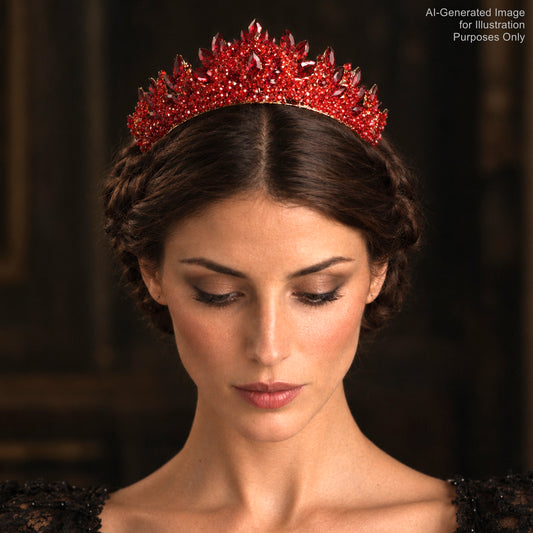 A woman wearing a red crown with red gemstones on top, looking down at her hands.