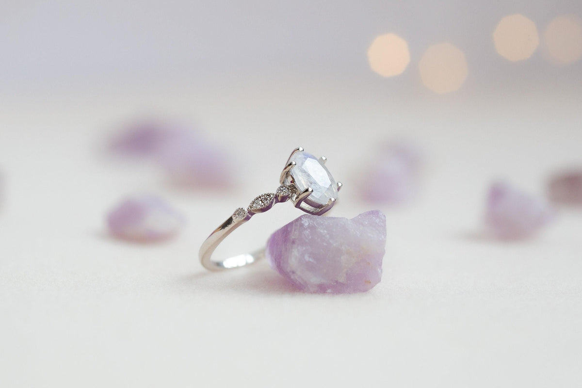 Moonstone Engagement Ring Set: Sterling Silver Rhodium Crown