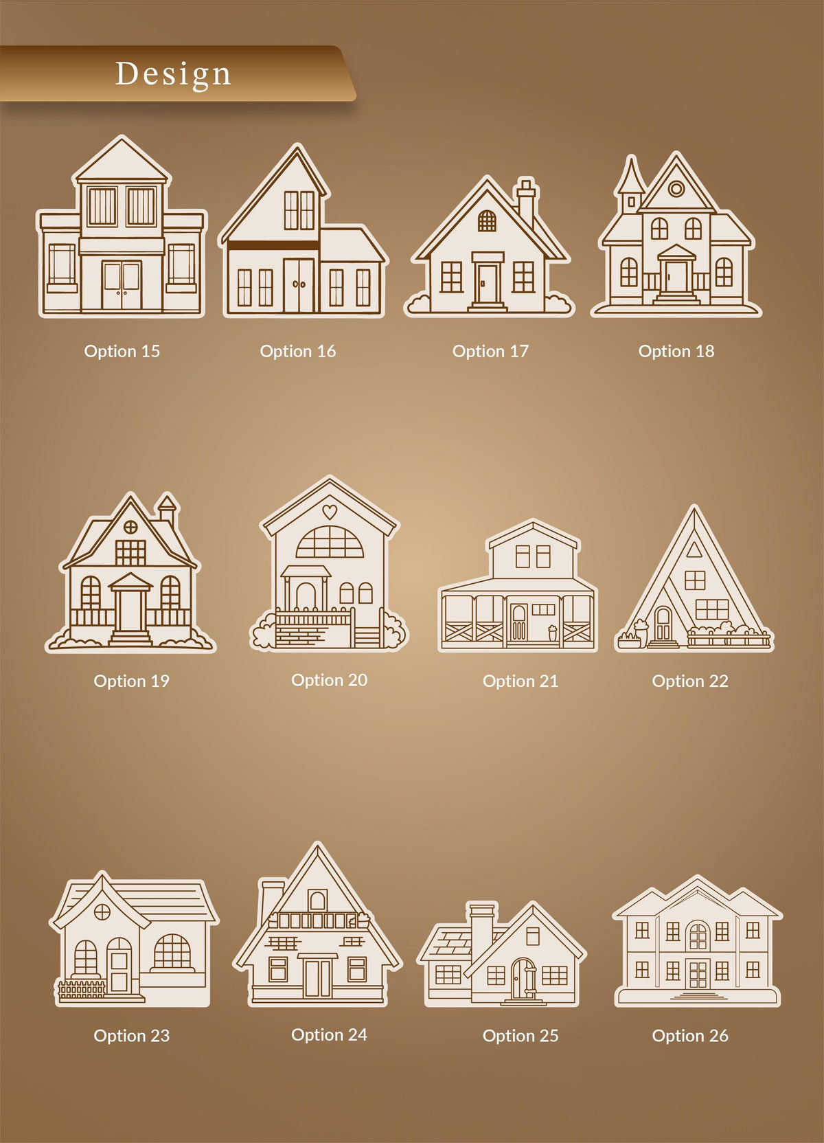 a collection of architectural designs, each with a unique style and layout. The designs include various types of houses, such as mansions, mansions with a wrap-around porch, and other residential structures. The designs are presented in a grid format, with each design labeled with a number, ranging from 15 to 26. The image does not contain any text, and the descriptions provided are concise and focused on the visual content of the designs.