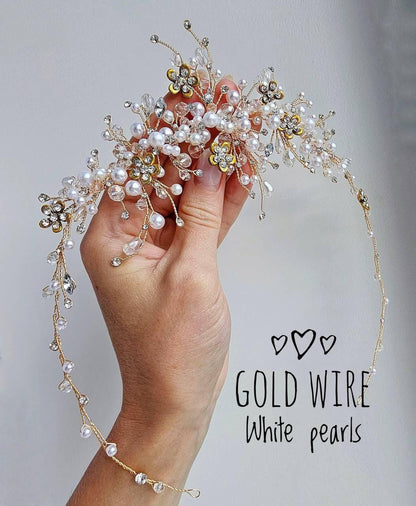 Gold Pearl Bridal Hair Vine: Crystal Wedding Hair Piece