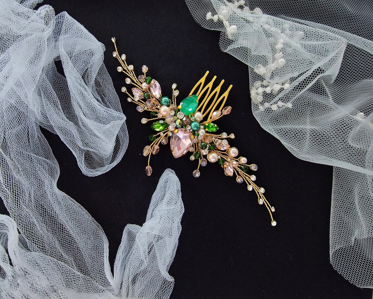 Gold Pink & Green Crystal Bridal Hair Comb, Wedding Hairpiece, 6 Inch