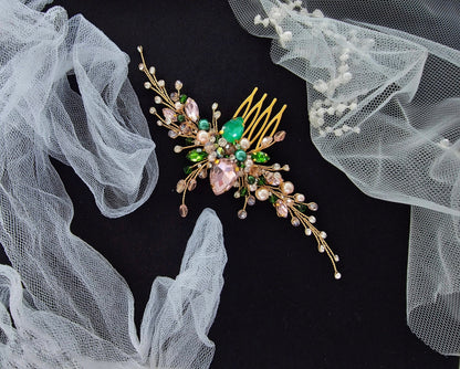 Gold Pink & Green Crystal Bridal Hair Comb, Wedding Hairpiece, 6 Inch