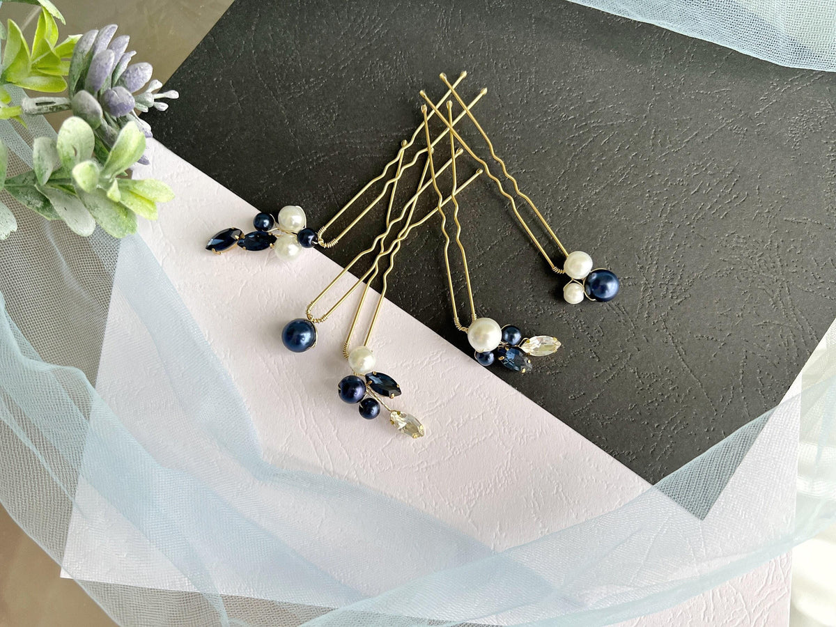 Pearl Blue Bridal Hair Pins Set of 5, Crystal Wedding Hairpiece, Something Blue Pins