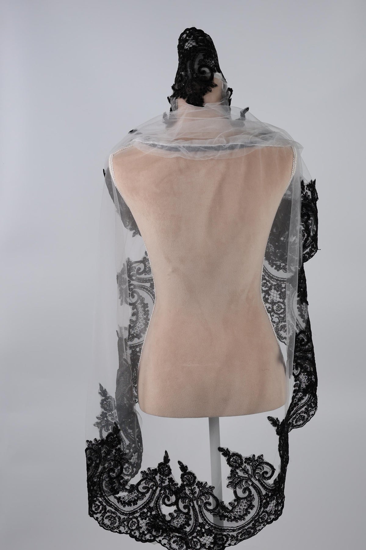 Bridal Cape White with Black Lace Trim, 60 Inch