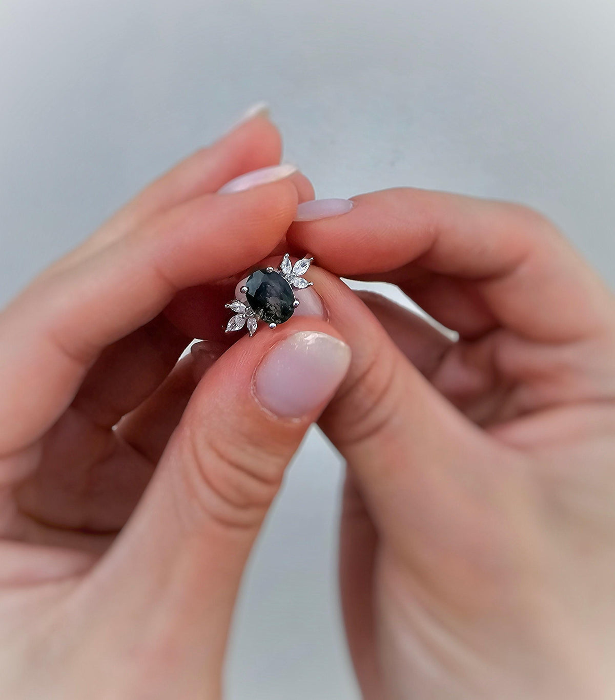 Oval Moss Agate Engagement Ring: Sterling Silver, CZ Accents