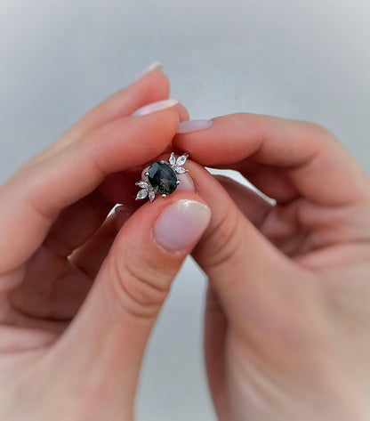 Oval Moss Agate Engagement Ring: Sterling Silver, CZ Accents