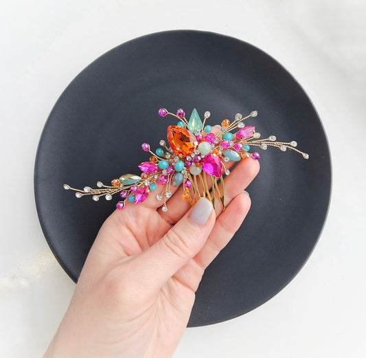Orange, Blue & Pink Crystal Wedding Hair Comb, Bridal Hairpiece, 6 Inch