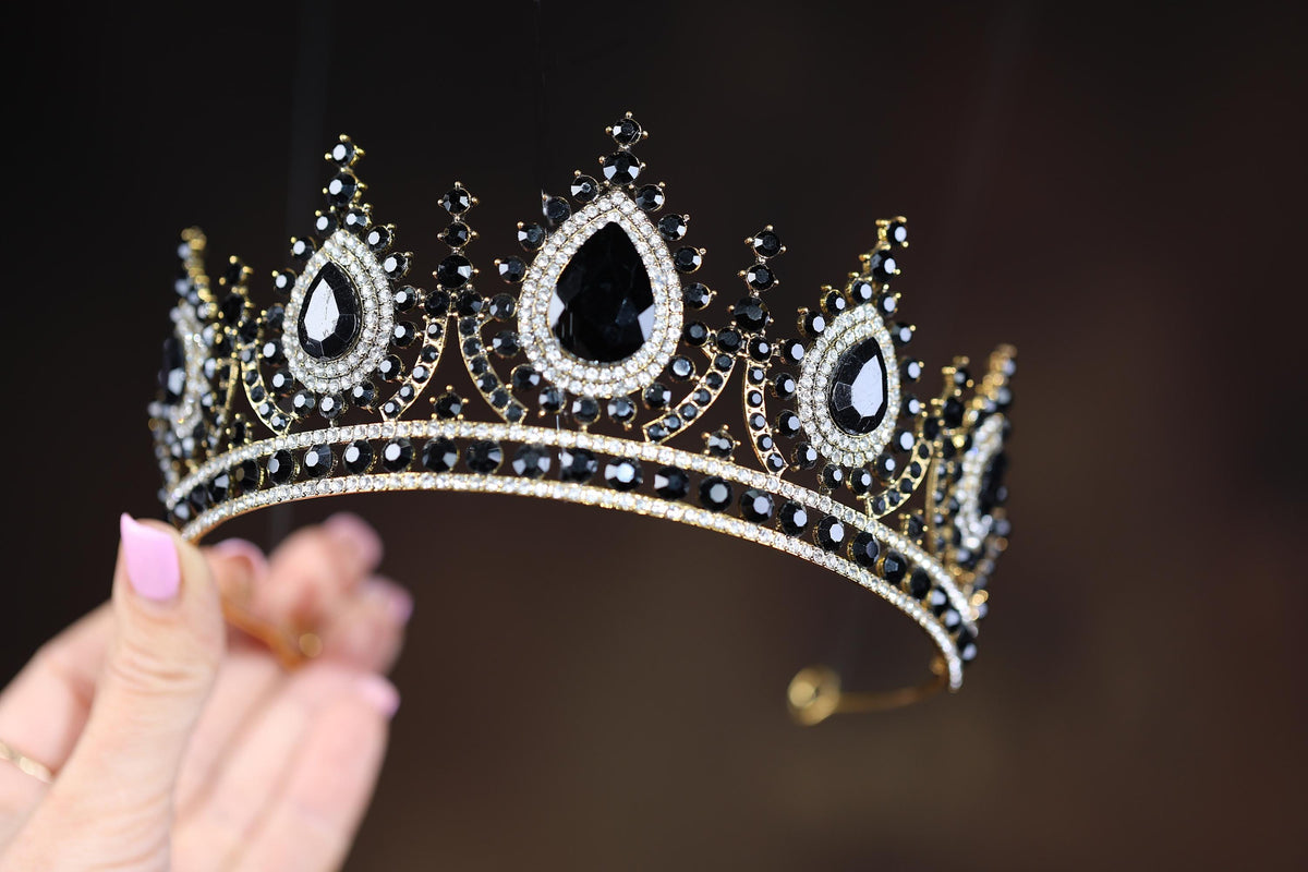 Black Crystal Bridal Tiara, Gold Plated Gothic Crown, Dark Romance Wedding Headpiece
