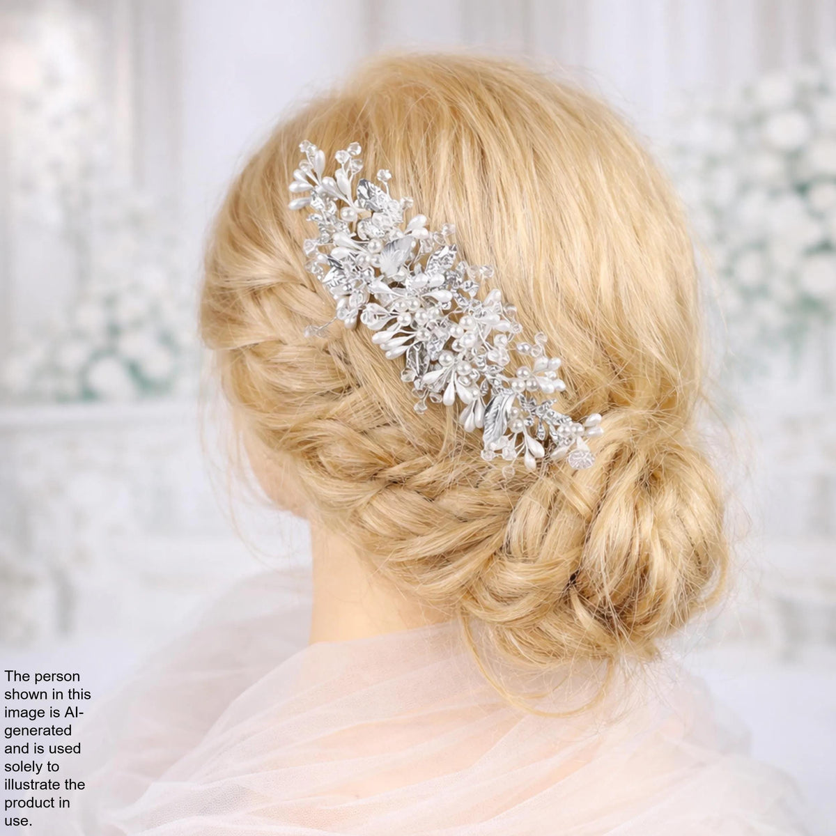 A close-up of a woman's blonde hair with a decorative hair accessory, possibly a veil or headpiece, in a white dress.