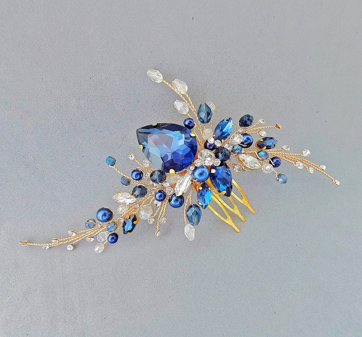 Navy Blue Crystal Bridal Hair Comb, Wedding Hairpiece, 6 Inch