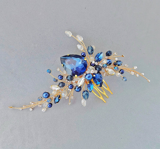 Navy Blue Crystal Bridal Hair Comb, Wedding Hairpiece, 6 Inch