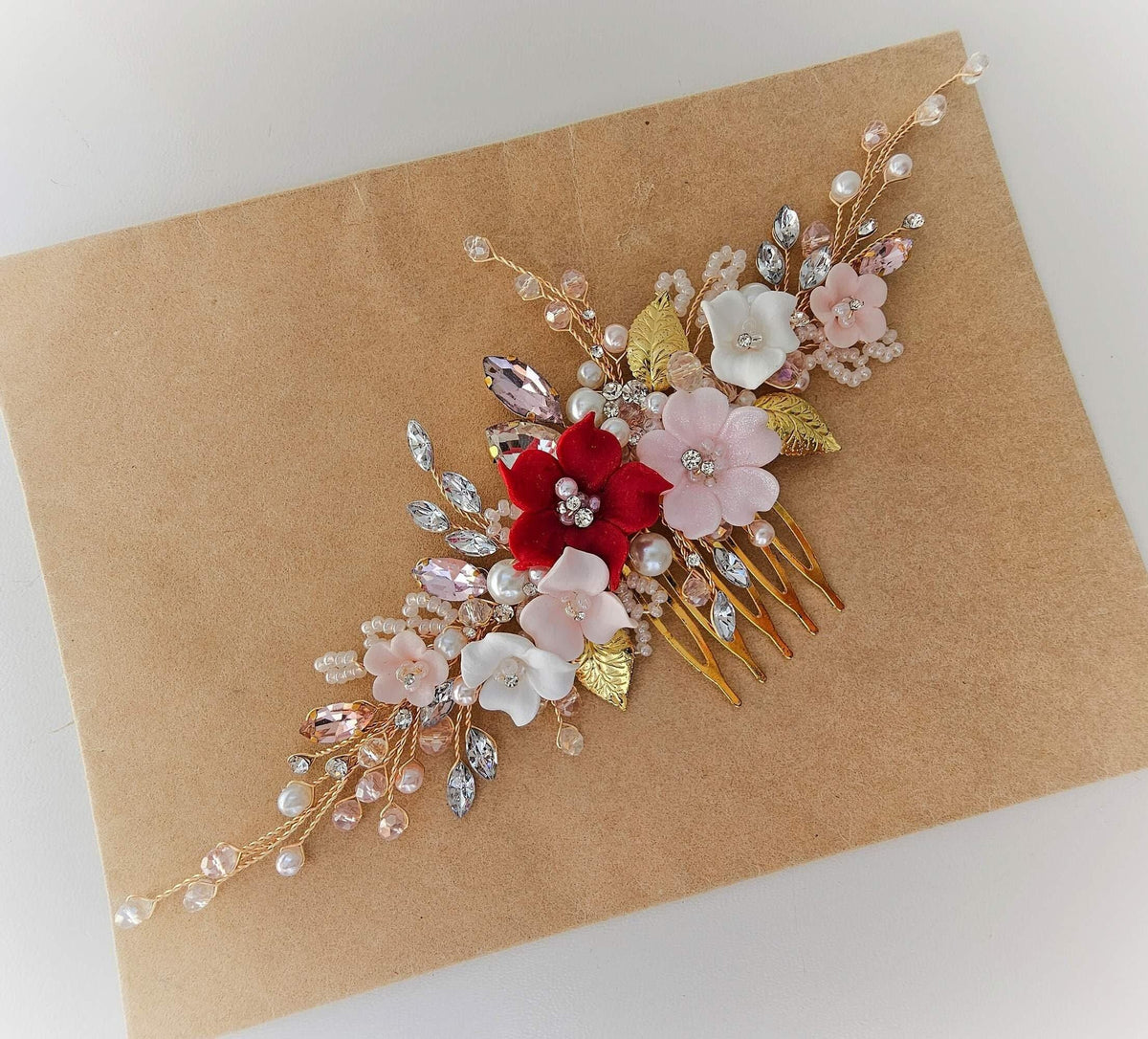 Red Blush Flower Wedding Hair Comb, Crystal Bridal Headpiece, 7 Inch