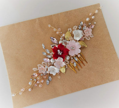 Red Blush Flower Wedding Hair Comb, Crystal Bridal Headpiece, 7 Inch