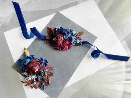 Burgundy Rose Groom Boutonniere, Navy Accents, Handmade