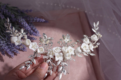 White Porcelain Flower Bridal Comb, Silver Wedding Hair Piece, 6 Inch