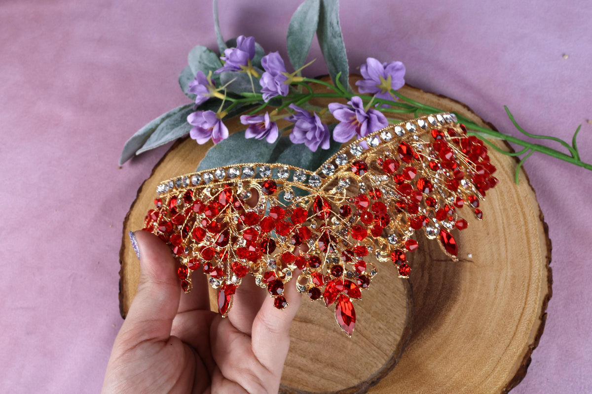 Gold Red Crystal Bridal Tiara, Rhinestone Wedding Crown, Vintage Prom Headpiece